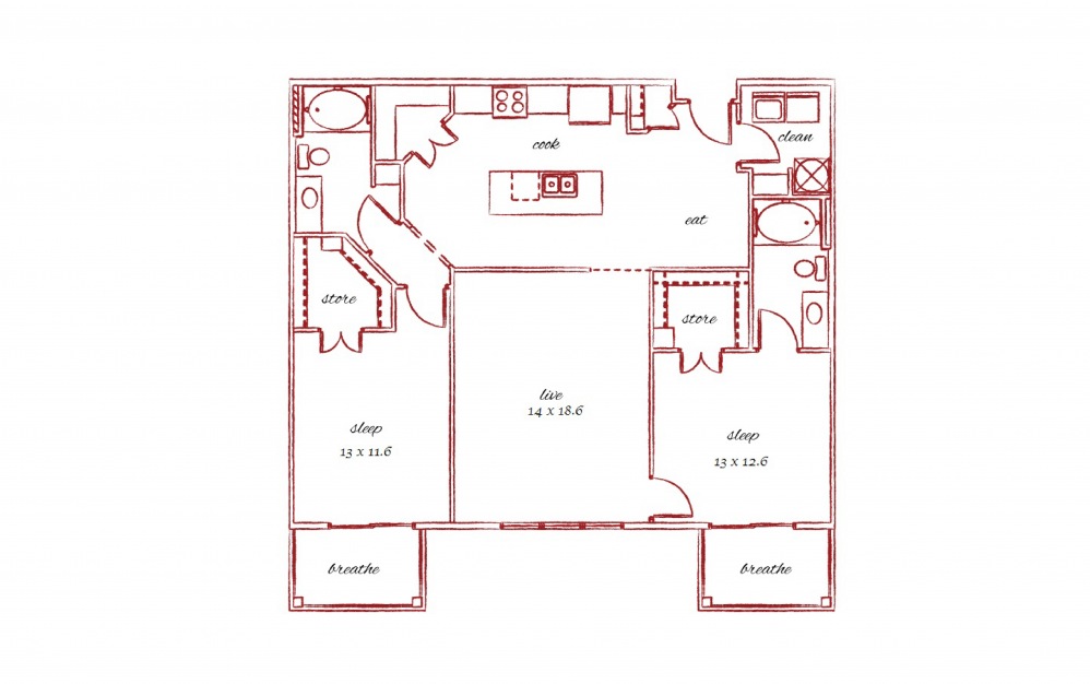 The Nantucket - 2 - 2 bedroom floorplan layout with 2 baths and 1255 square feet.