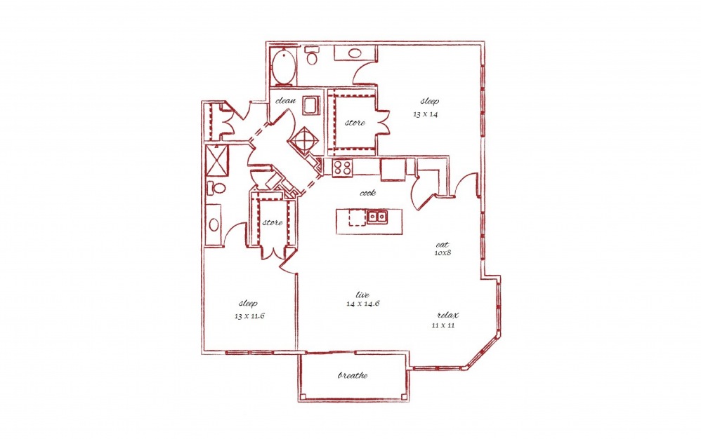 The Portland - 2 bedroom floorplan layout with 2 baths and 1310 square feet.